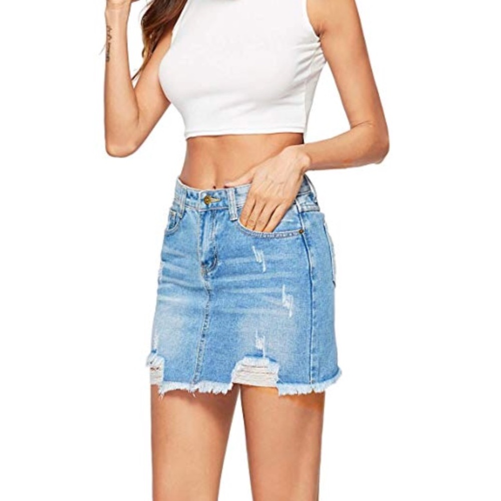 GERALDINE DISTRESSED LIGHT WASH JEAN DENIM SKIRT - Picture 3 of 5